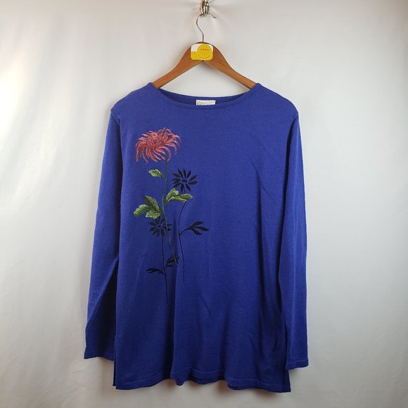 Yi Lin Sweaters - Yi Lin Womens Floral Pullover Sweater Silk Blue